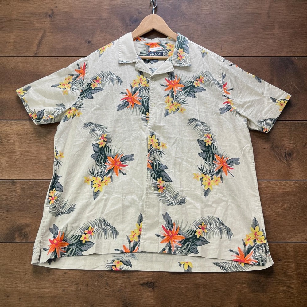 Jos A Bank Mens XL Linen Cotton Tropical Floral Short Sleeve Button Up Shirt